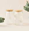 Daisy Print 2-Pieces Glass Tumbler with Straw Set